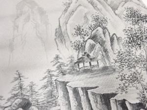 アンティーク　作家物　手描き山岳風景模様名古屋帯